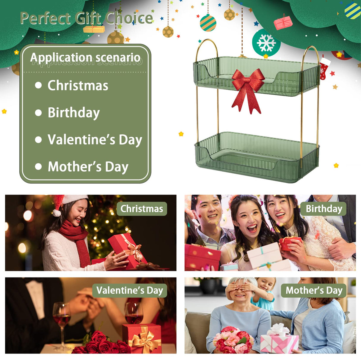 shuang qing Bathroom Counter Organizer Countertop Storage, Cosmetics Skincare Shelf, Makeup Organizer Perfume for Dresser Vanity Tray, Spice Rack for Kitchen(2 Tier-Green) shuang qing