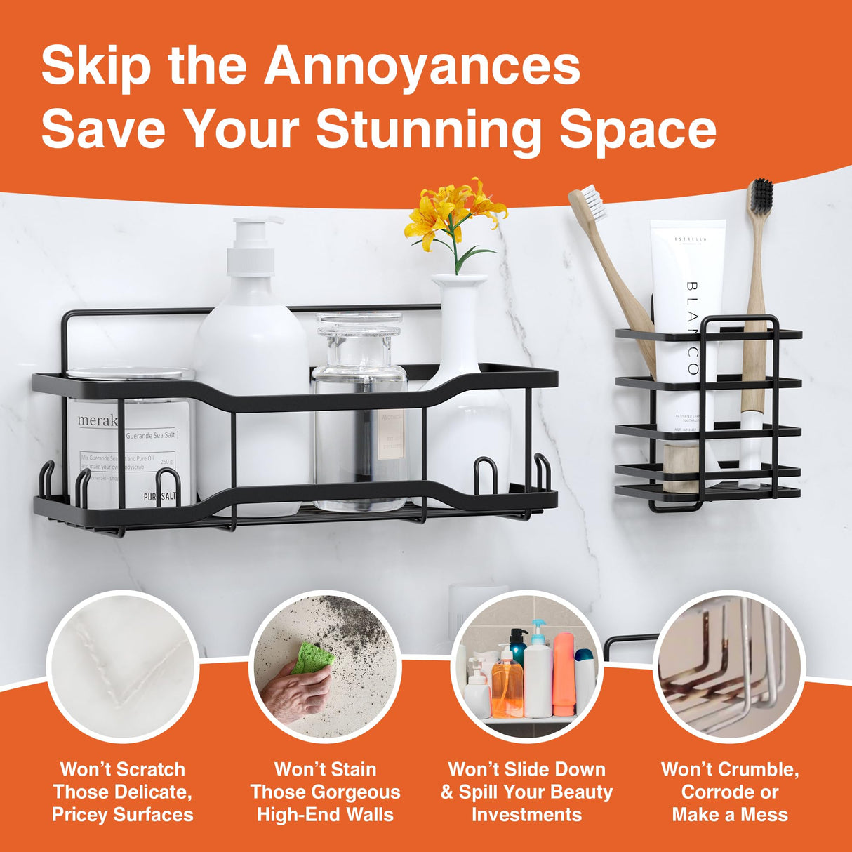 Shower Caddy Bathroom Shelves, The Athena Silken 4 Set, 40LB Capacity, Adhesive Tape No Drill - Rustproof -Gorgeous Powder Coated 304 Stainless Steel Shower Organizer for kitchen & Home Decor - Black Tribal Cooking