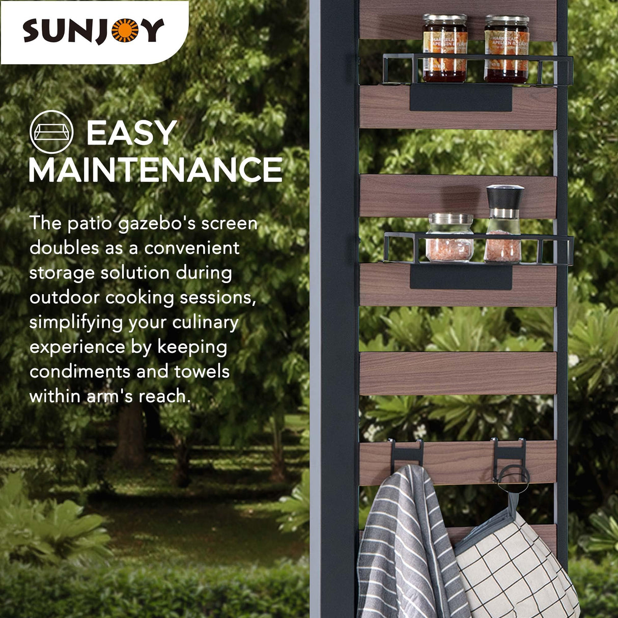 Sunjoy 7 x 9 ft. Grill Gazebo, 2-Tier Hardtop Gazebo Pergola with Ceiling Hooks and Storage Shelves, Matte Black Sunjoy
