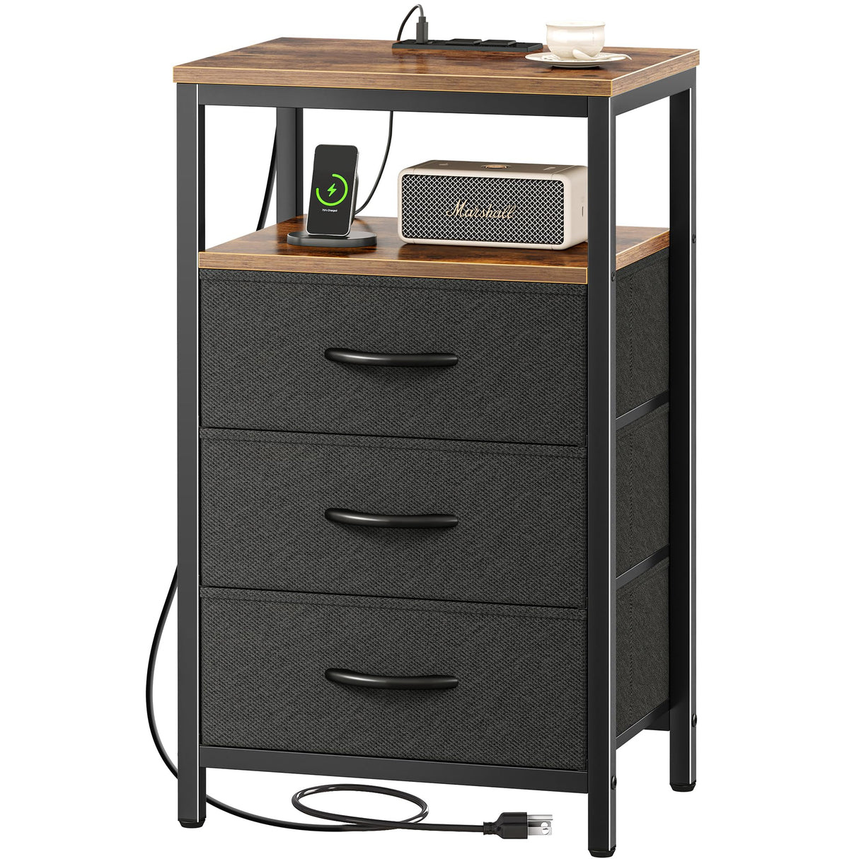 Huuger Nightstand with Charging Station, 27.6 Inch Side Table with Fabric Drawers, End Table Bedside Table with USB Ports and Outlets, Night Stand for Bedroom, Rustic Brown and Black Huuger