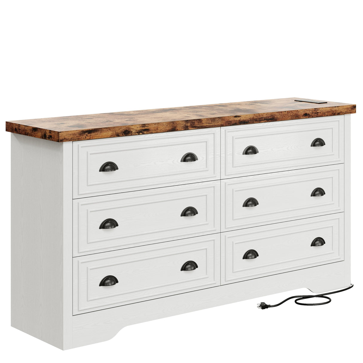LIKIMIO 59" 6 Drawers Dresser for Bedroom, Power Strip, Farmhouse Large Wood Dressers & Chest of Drawers with Wide Storage Cabinet, Rustic Brown & White LIKIMIO