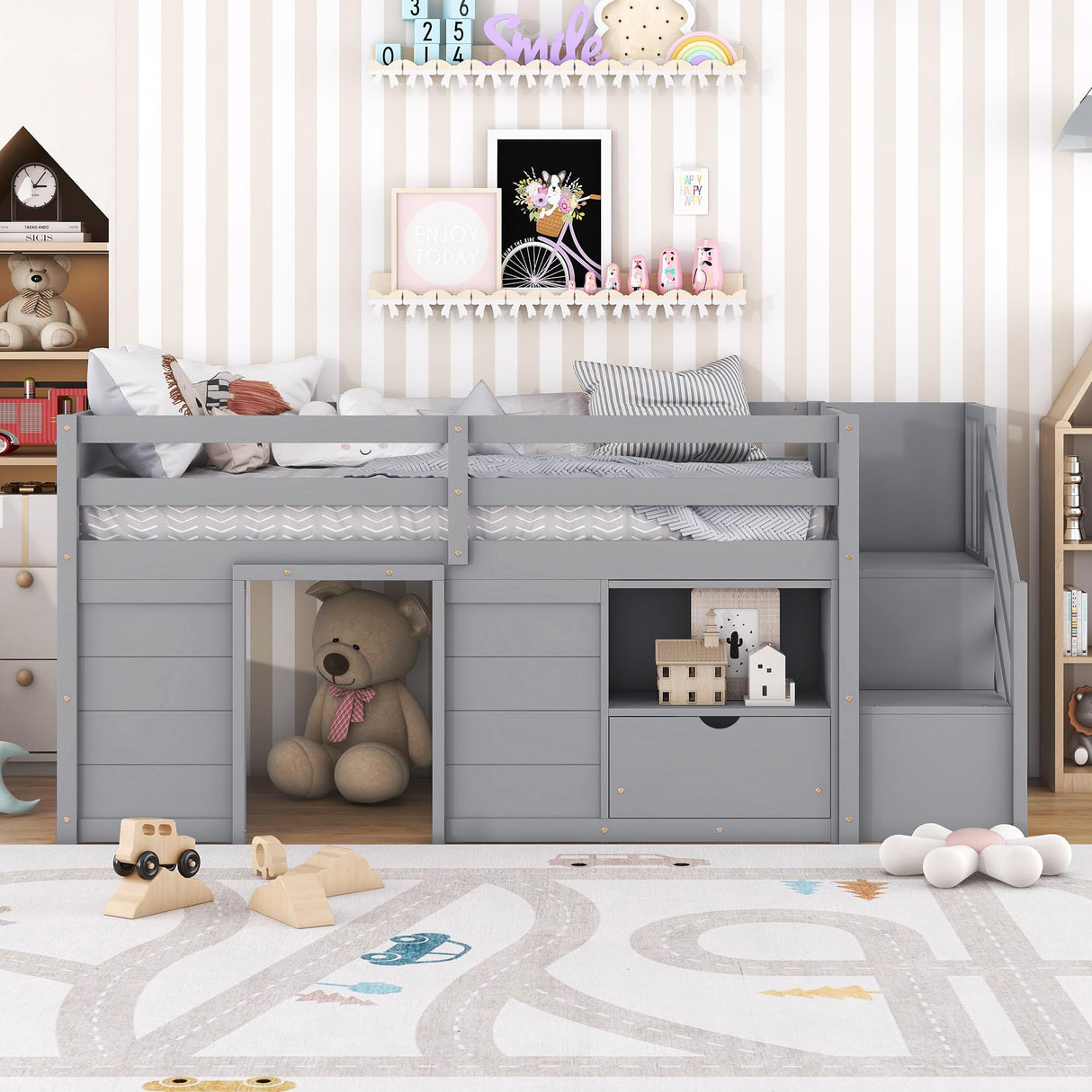 Bellemave Modern Farmhouse Twin Low Loft Bed with Storage and Play Space in Grey Bellemave