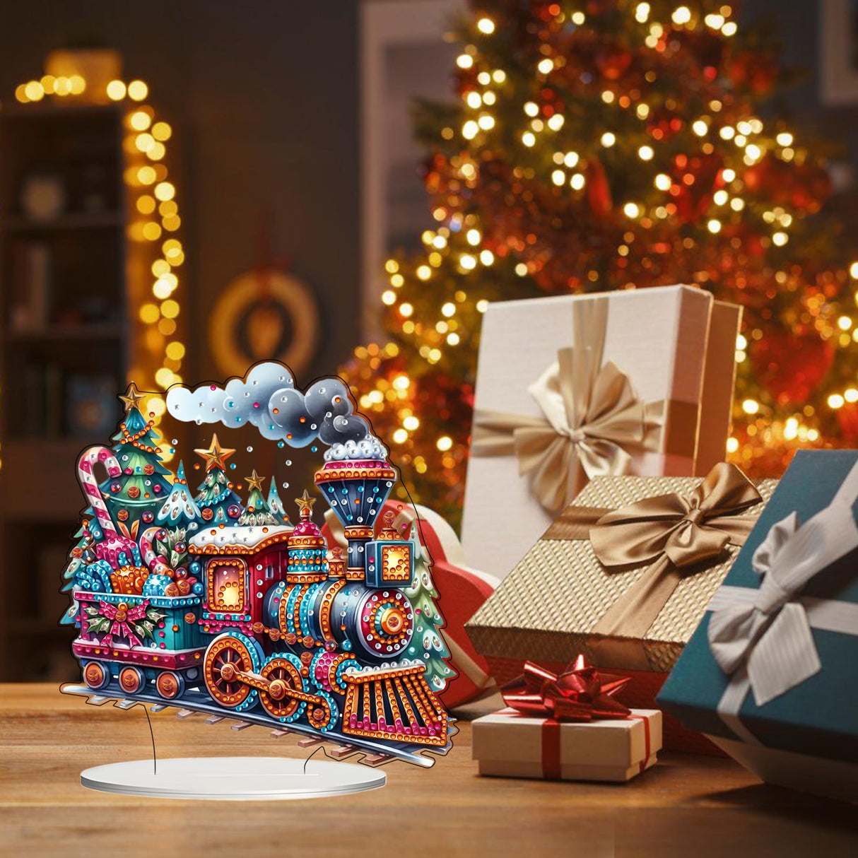 JJFox DIY Tabletop Diamond Art Painting Kit,Special Shaped Rhinestone Desk Placement Ornament,Home Stand Up Gem Painting Craft Kit,Gift. (Christmas Train-1) JJFox