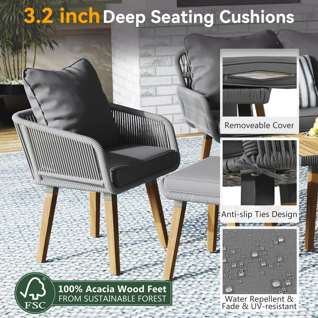 LUMISOL 6-Piece Grey Patio Furniture Set with Acacia Wood Cool Bar Table and Rope Seating LUMISOL