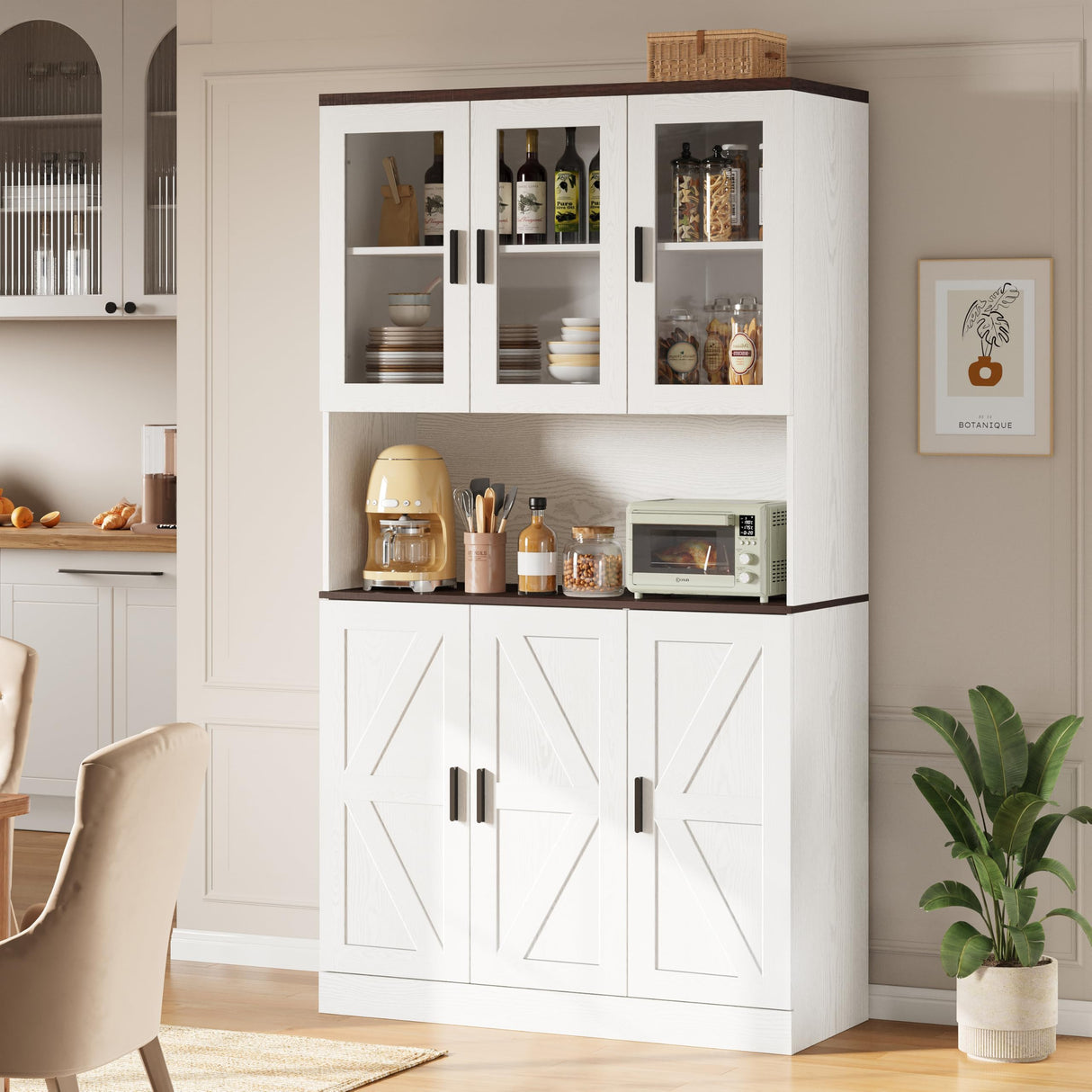 IRONCK 71" Tall Kitchen Pantry Cabinet with Microwave Shelf, White Hutch Cabinet with Storage Power Outlet, Food Pantry for Kitchen Dining Room IRONCK