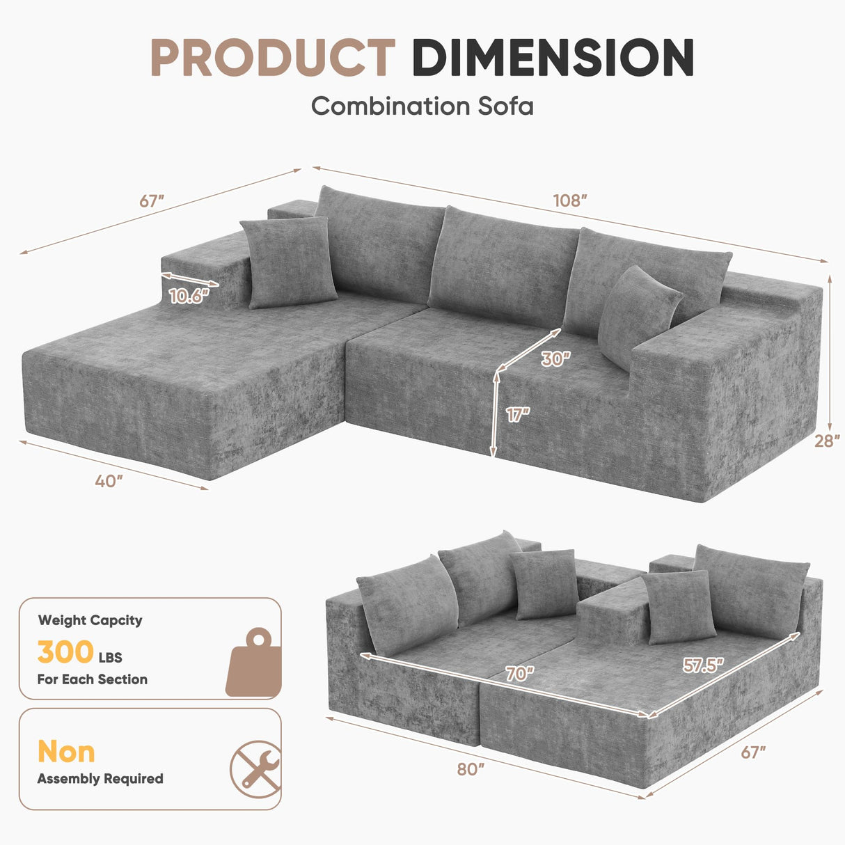 Homall 108" Modular Sectional Sofa, Boneless Couch with L-Shape Chaise, Cloud Couch with Deep Seat Upholstered, No Assembly Required for Living Room, Bedroom (Chenille, Grey) Homall
