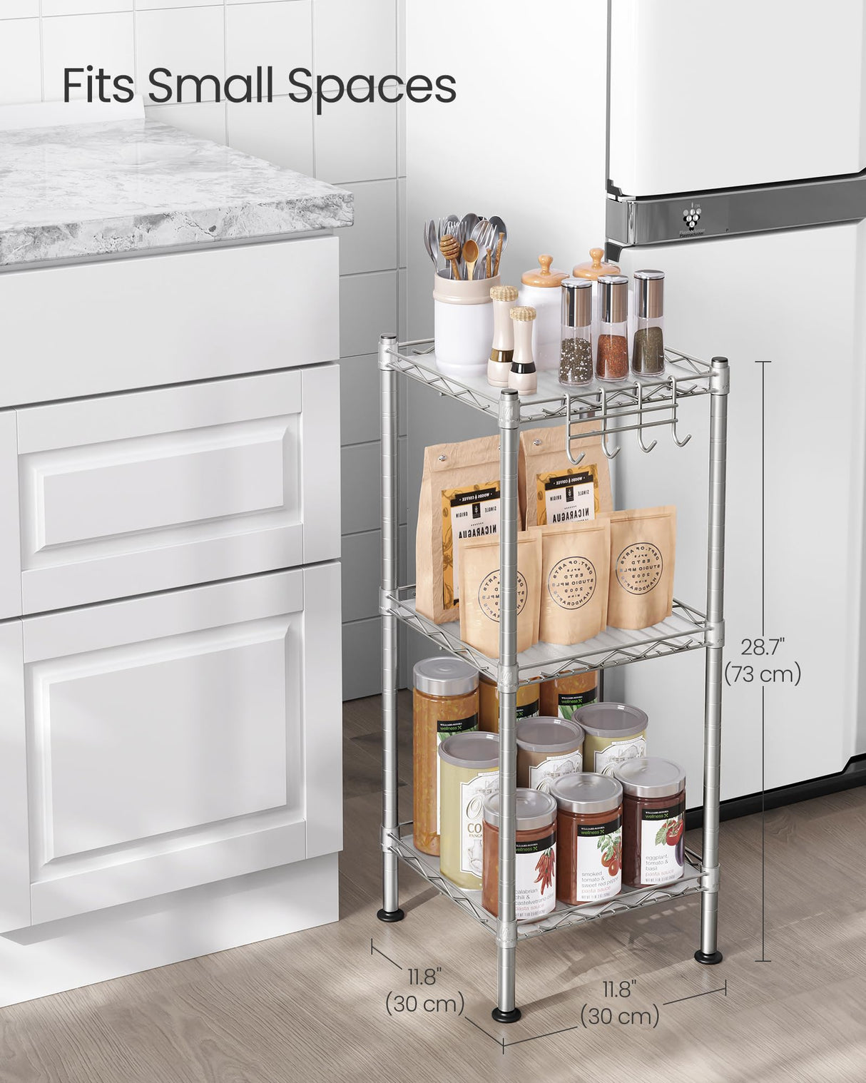 SONGMICS 3-Tier Bathroom Shelf, Storage Rack for Small Space, with 3 PP Shelf Liners, Removable Hook, Extendable Design, Silver and Translucent ULGR103E01 SONGMICS