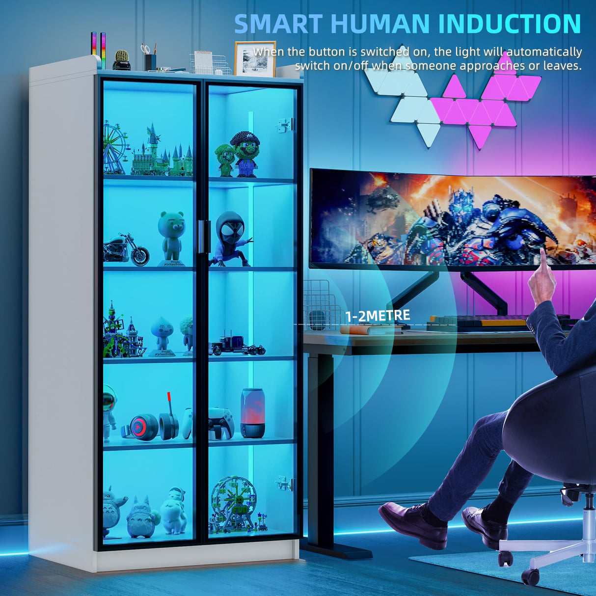 Lvifur 66" Tall Storage Cabinet, LED Kitchen Pantry Cabinet with Human Body Induction, 5 Tier Bookcase Display Cabinet with Adjustable Shelves for Living Room Office (White) Lvifur