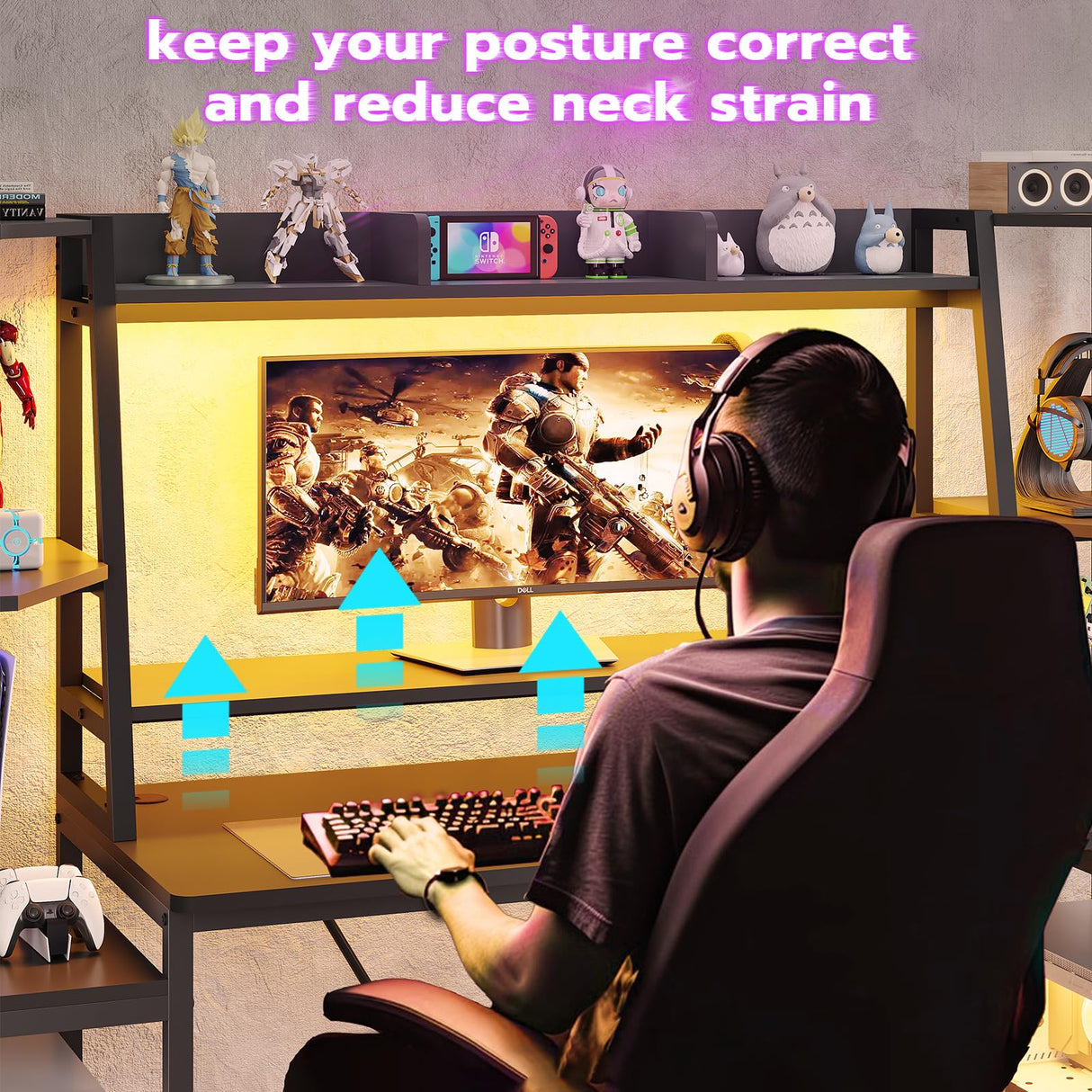 SEDETA Gaming Desk 65.7'' with LED Lights, Hutch and Storage Shelves, Computer Desk with Monitor Stand, Large PC Gamer Desk Workstation, Ergonomic Gaming Table for Bedroom, Living Room, Black SEDETA