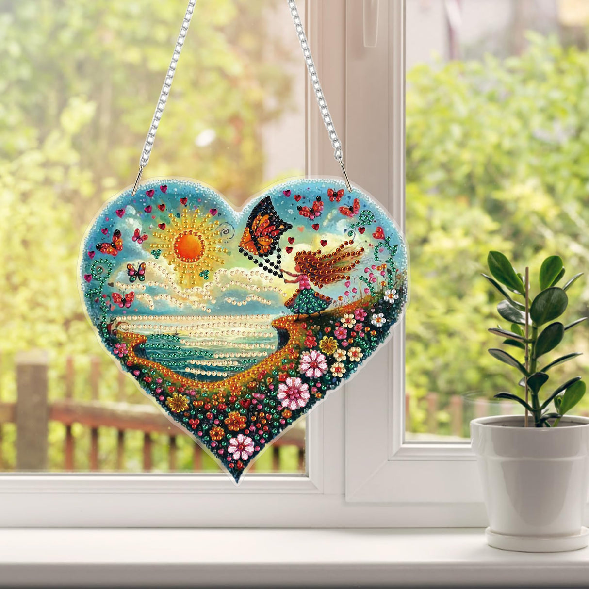 HEIBAGO Diamond Art Hanging Kits for Adults Kids, Hanging Diamond Art Beach Heart Shape, 5D Special Shaped Crystal Diamond Painting Kit, DIY Pattern Window Pendant for Home Wall Decor 8.3x8.3Inch HEIBAGO