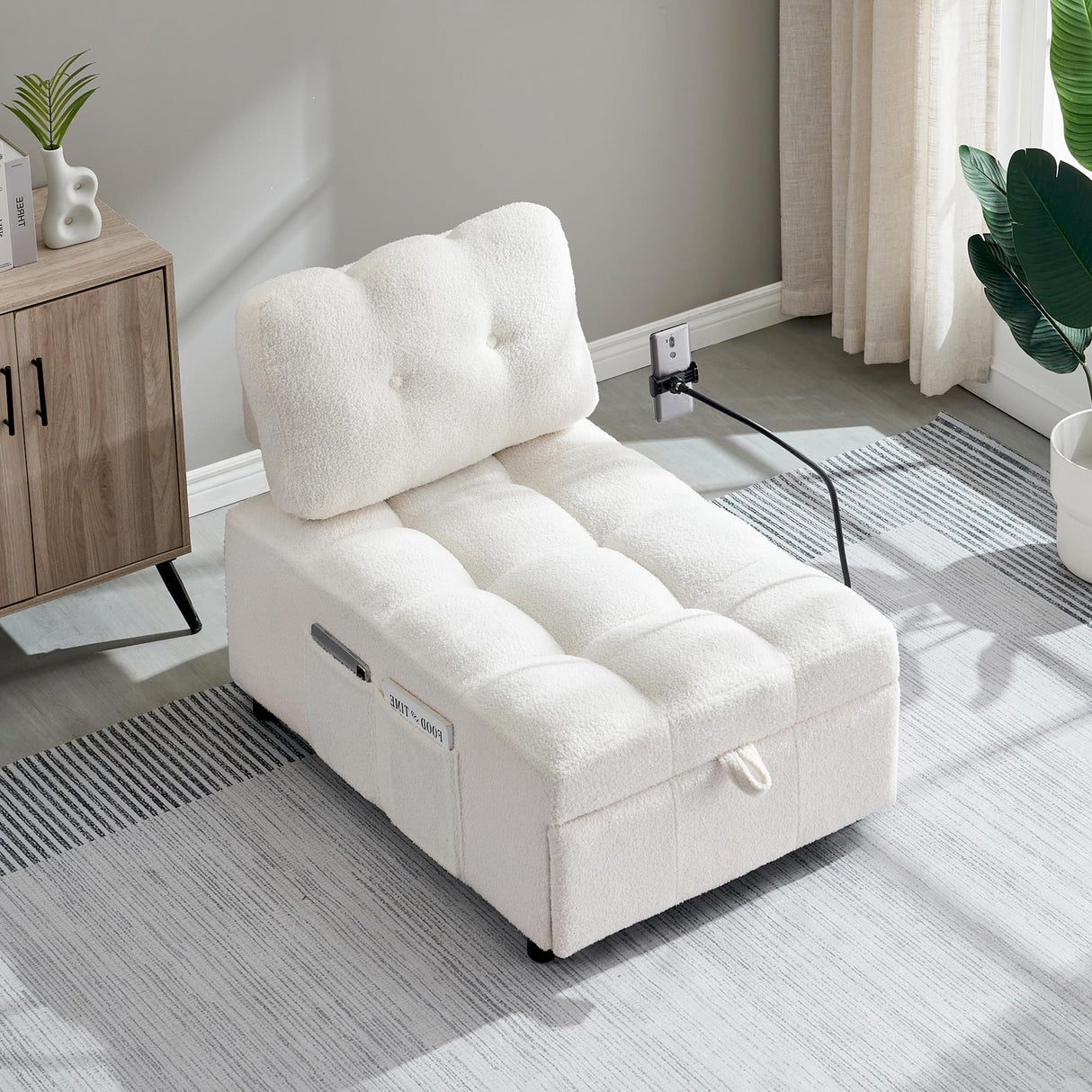 Anwick Modern 3 in 1 Teddy Fabric Sofa Bed Futon,Convertible Pull Out Bed Couches with Adjustable Backrests,Phone Stand,Single Sleeper Chair Bed for Small Living Room Bedroom (White) Anwick