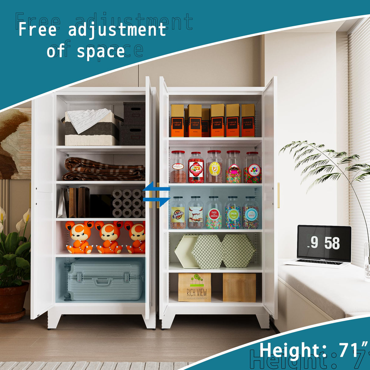 Washsemba 71'' Farmhouse Metal Storage Cabinet with Barn Doors,Steel File Cabinet for Home Office,Kitchen Pantry 4 Adjustable Shelves,Freestanding Cupboard for Kitchen,for Home Office,School (White) Washsemba