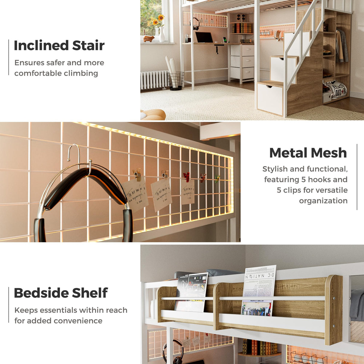 advwin Full Size Loft Bed with Desk and Stairs, Storage Drawers and Shelves, Charging Station, LED Light, Safety Guardrail & Ladders, Metal Loft Bed Frame Gaming Bed for Adult, Space-Saving, White advwin