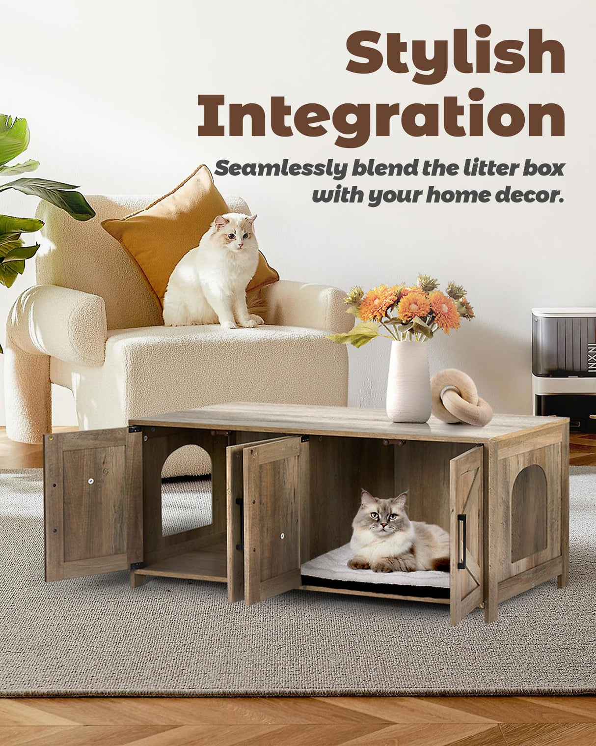 Upolana Cat Litter Box Enclosure, 48 inch Large Hidden Litter Box Furniture for 2 Cats, Double Wooden Kitty Litter Box Cabinet End Side Table, Greige Upolana