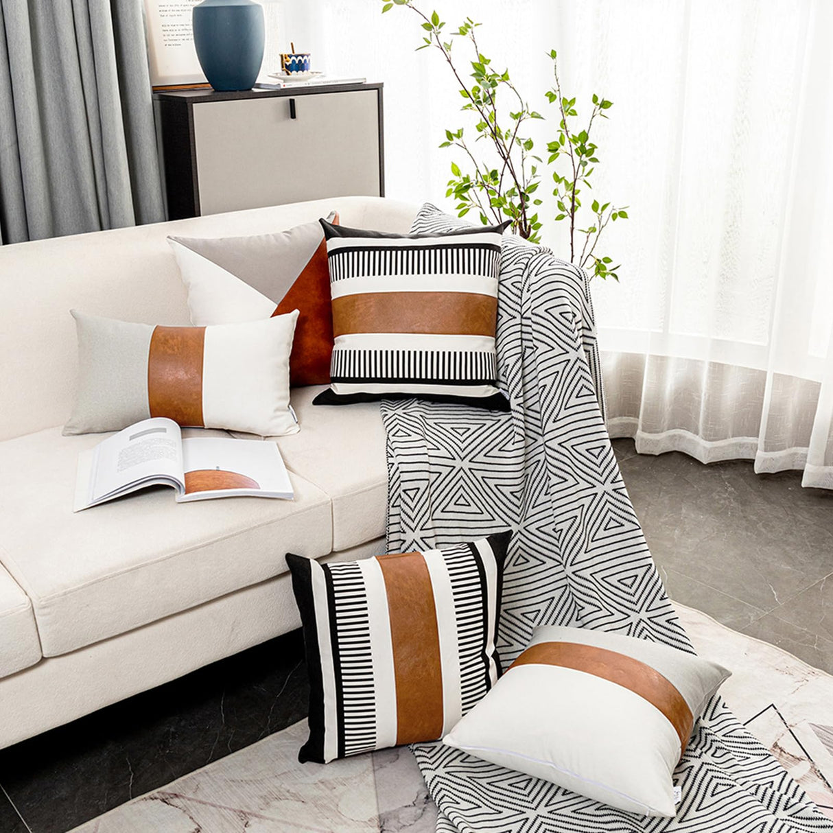 Vfuty Pack of 2 Farmhouse Throw Pillow Covers for Couch Sofa Decorative Faux Leather Square Cushion Cover Tribal Stripe Accent Pillow Case 18 x 18 Inch,Black Vfuty