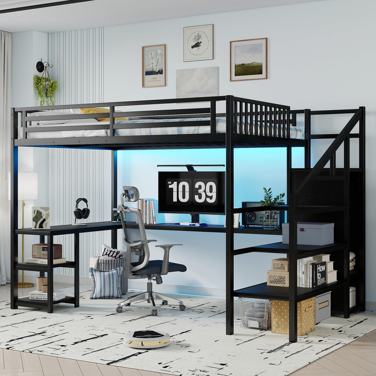 Queen Size Loft Bed with Desk and Stairs, Gaming Loft Bed with RGB LED Light and Storage, Heavy-Duty Metal Loft Beds Frame with Wardrobe, Shelves and Charging Station for Adults Kids Teens, Black Mirightone