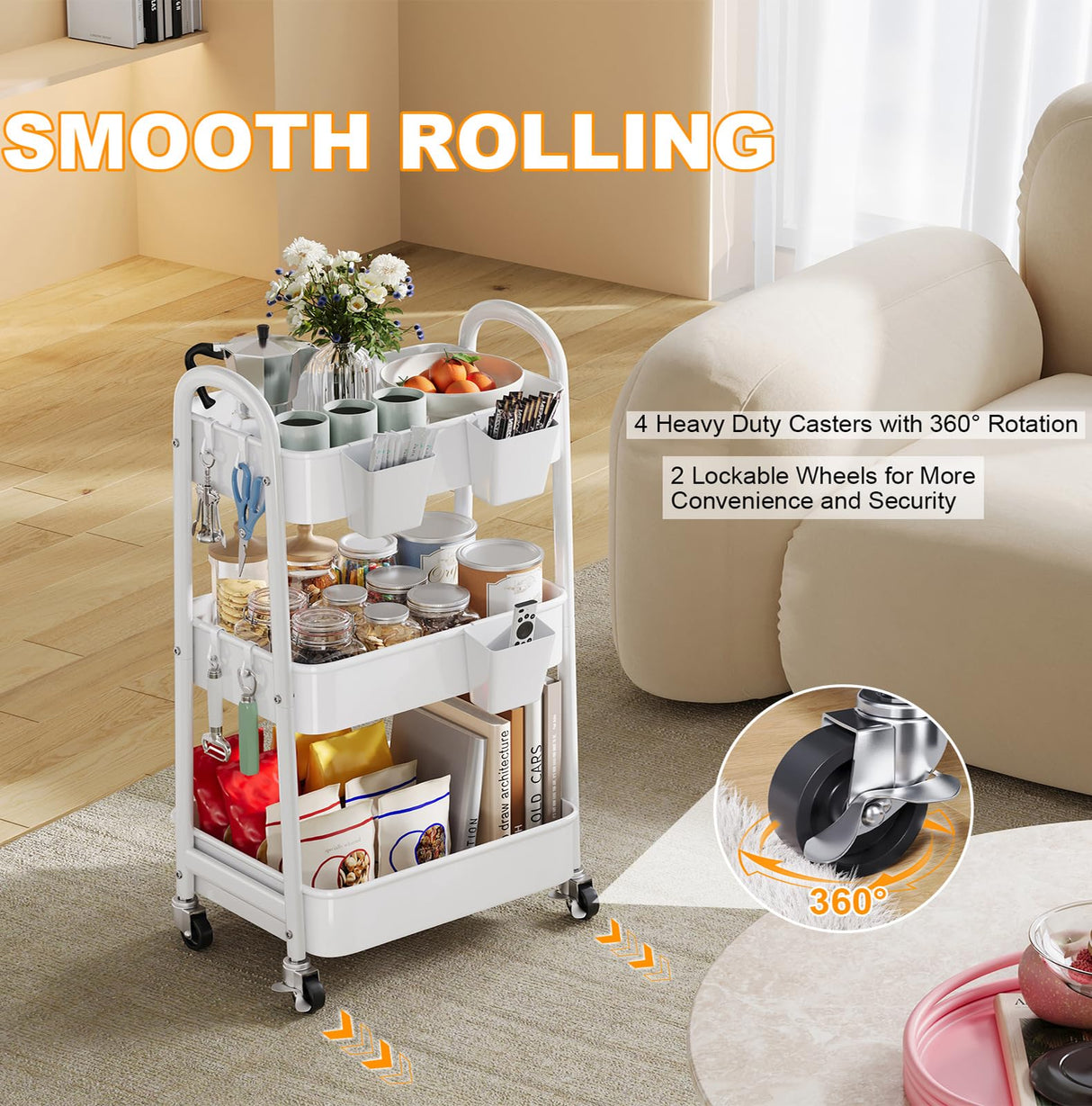 3 Tier Rolling Cart Metal with Wheels, Heavy Duty White Three Tiered Craft Cart Organizer on Wheels, Utility Roller Storage Carts for Art, Baby Nursery, Diaper Caddy, Snack,Book,Nail,Cleaning Supplies Osivaex