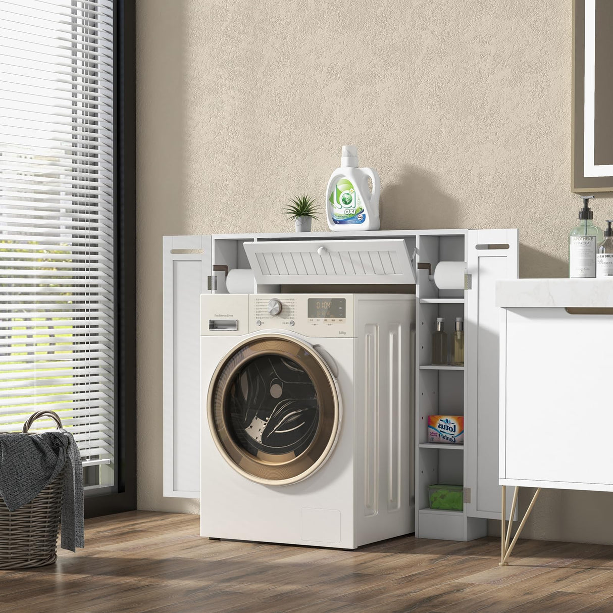 Tangkula Over The Toilet Storage Cabinet, Bathroom Space Saver w/Adjustable Shelves & Paper Holder, Freestanding above Toilet Organizer w/ 2 Side & Pull-Down Door for Bathroom Storage (White) Tangkula