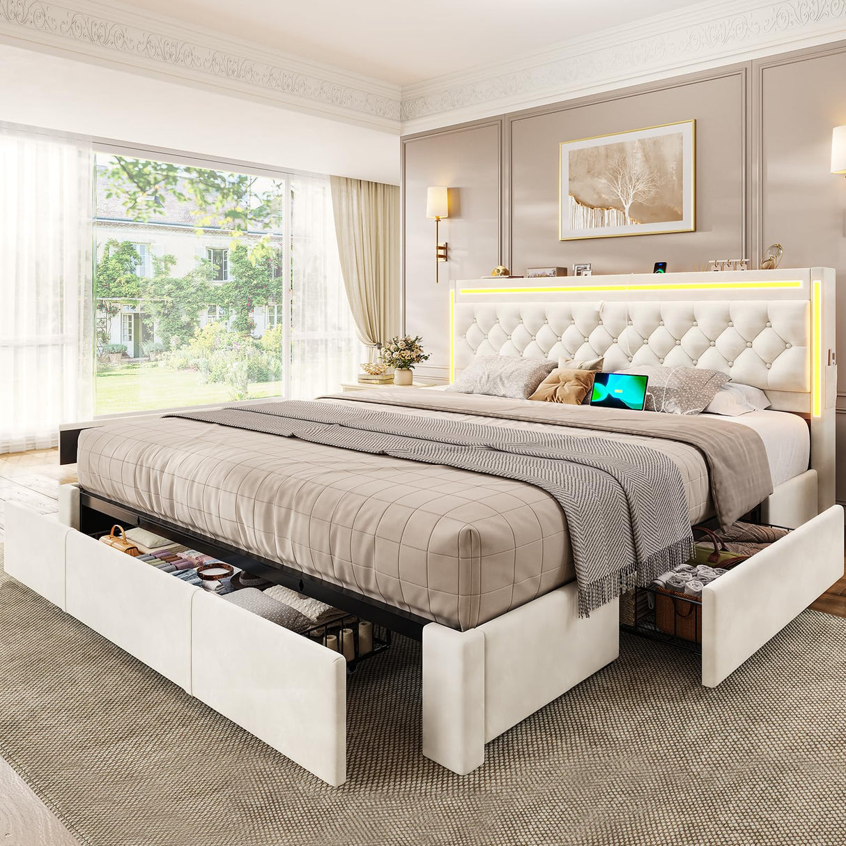 BTHFST Upholstered LED Bed Frame King Size with 3 Storage Drawers, Hidden Storage Headboard with Charging Station, Velvet Button Tufted Headboard Platform Bed, Beige BTHFST
