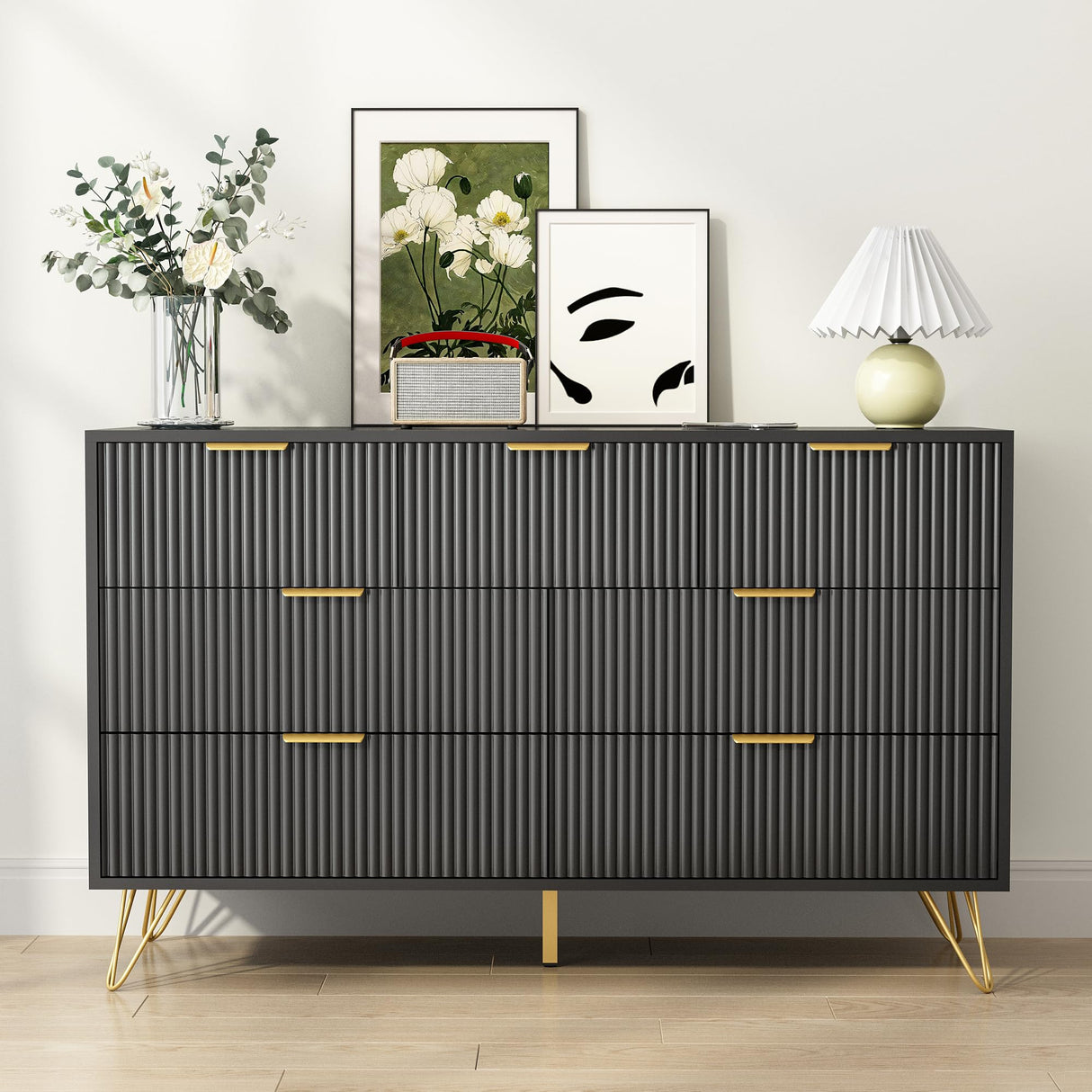BAZELOR Black Dresser for Bedroom, 7 Drawers Dresser with Golden Handles, Modern Wood Chest for Living Room, Hallway, Entryway BAZELOR