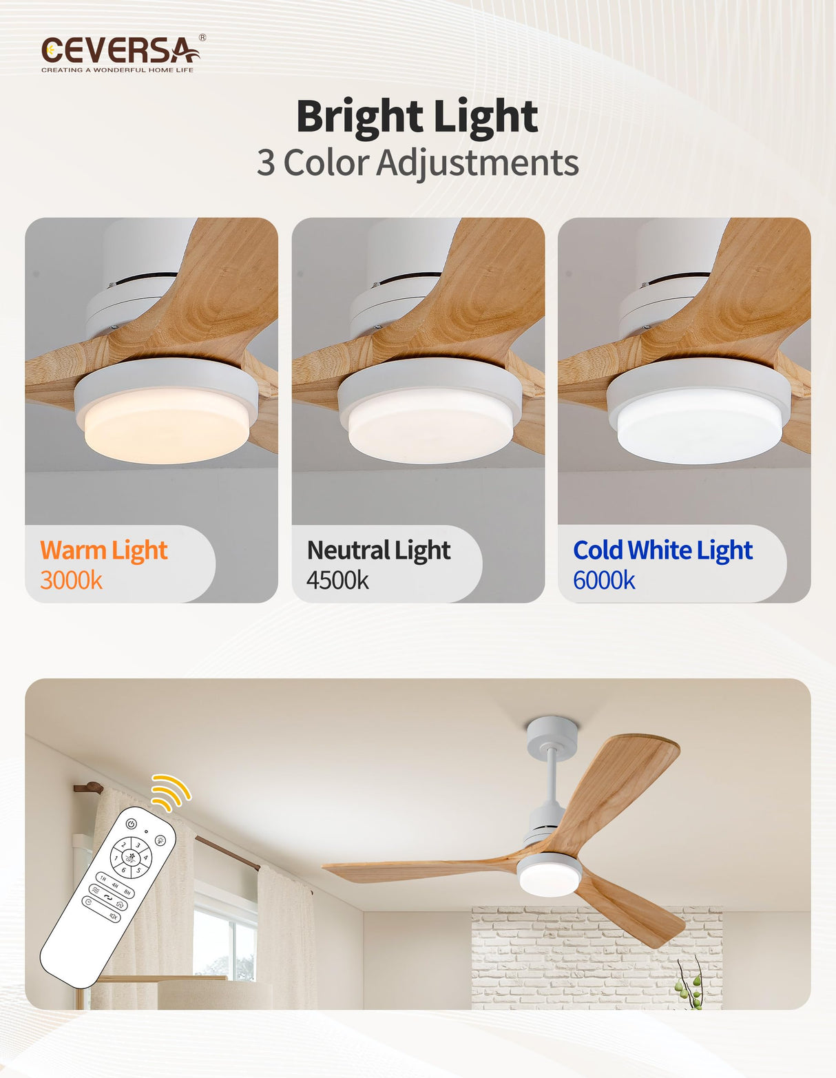 Ceversa 52 Inch Solid Wood Ceiling Fan with Light and Remote Control,3 Blades Natural Wood Modern Ceiling Fan Craftmade Noiseless Quiet for Living Room Bedroom Farmhouse Indoor Outdoor Ceversa
