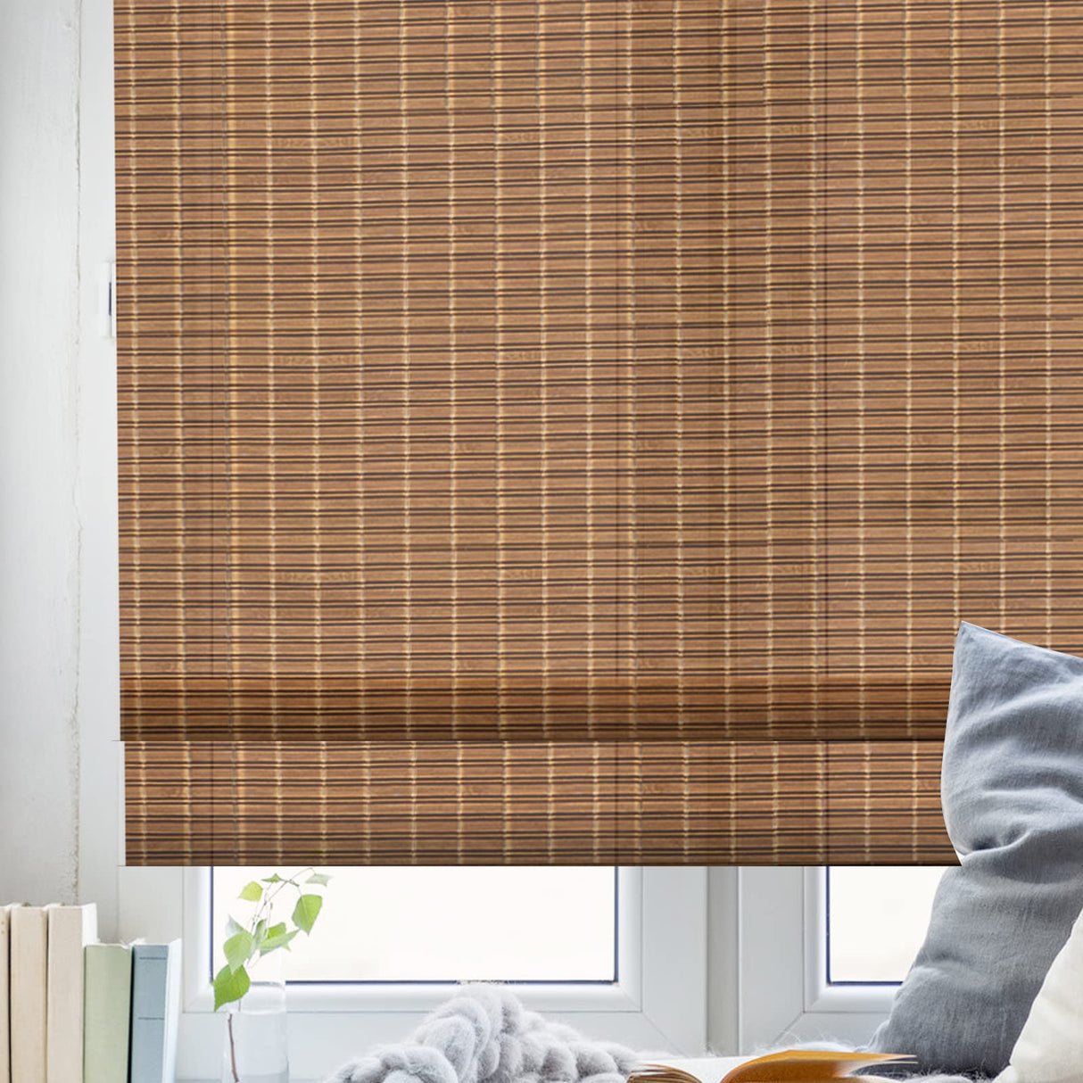 FACIMI Blackout Bamboo Roller Shades, Roll-Up Woven Roman Shades with 6" H Valance, Custom Light Filtering Bamboo Roller Blinds for Windows, Doors, Patio Door, Porch, Caramel Facimi