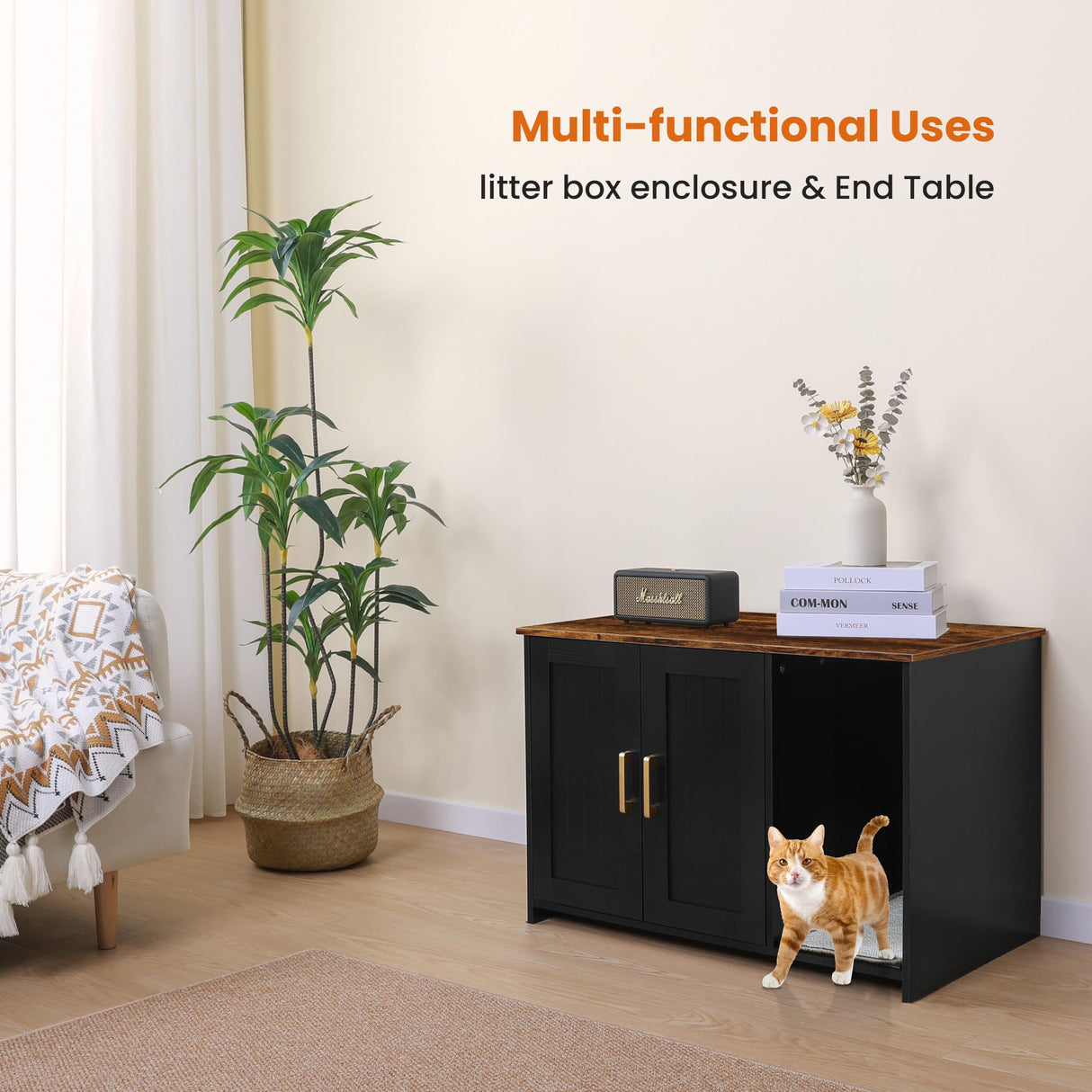 Dwanton Litter Box Enclosure, Cat Litter Box Furniture Hidden, with Scratching Mat, Wooden Cat Washroom Indoor, 31.5" L x 19.7" W x 21.7" H, Black and Rustic Brown Dwanton