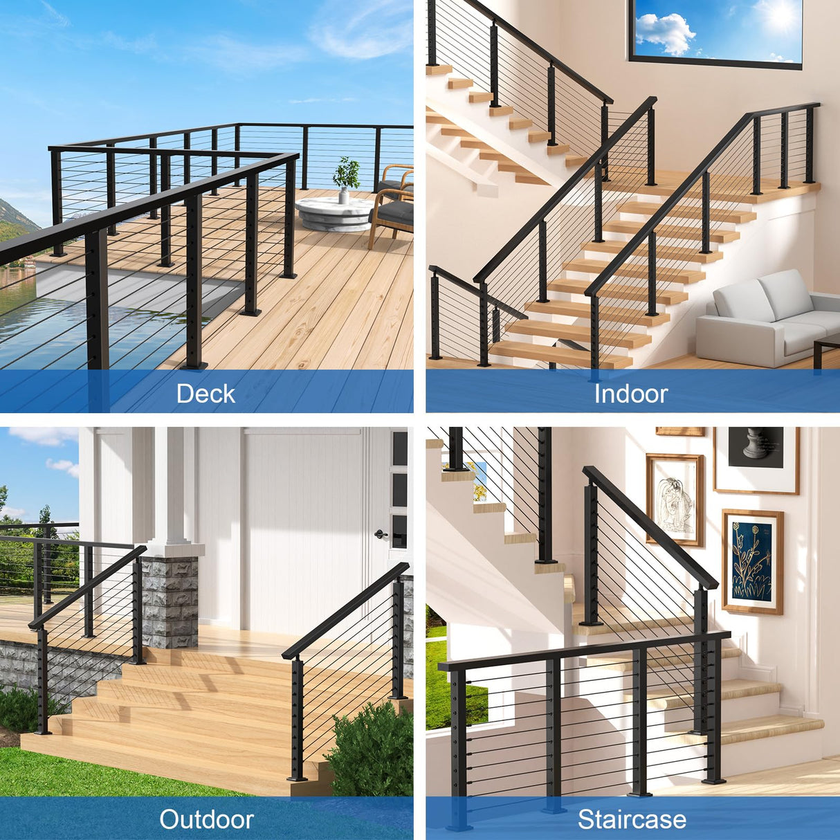 CKE 10ft-15ft Complete Set 36" Cable Railing Post Kit, 3Pack Black Level Drilled Line Posts(35"x2"x2"), Swageless Deck Cable Railing System Kit, 220ft 1/8" Wire Rope(No Handrail), Black Post Kit LPS02 CKE