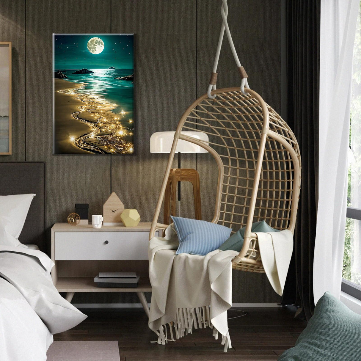 HeeBenor Framed Paint by Numbers Kit for Adults, Moon Paint by Number with Easel, DIY Beach Moon Landscape Oil Painting Kit, Adult Paint by Number Kits Framed Canvas for Home Decor 8x12 Inch HeeBenor