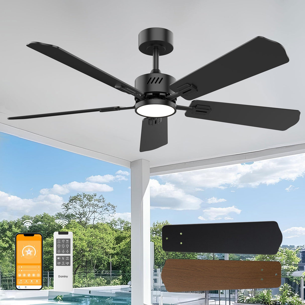 DAMINY 52 inch Ceiling Fan with Light,6CCT,5 Blade Ceiling Fan with Light,Low Profile Ceiling Fan with Light and Remote Control,Downrods,Black Ceiling Fan for Living Room,Indoor/Outdoor Use DAMINY