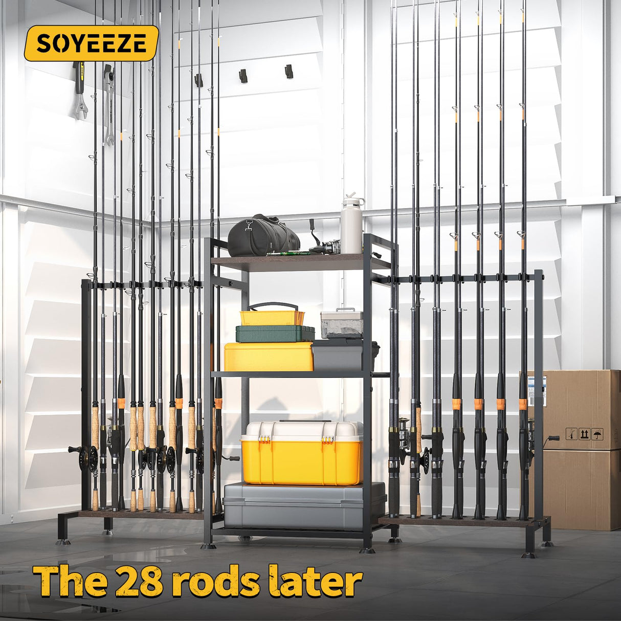 SOYEEZE Fishing Rod Holder for 28 Rods, Ground Stand Fishing Pole Holders for Garage, 3-Sided Vertical Fish Rod Rack for Tackle Box, Fishing Supplies,a Display Fish Gear Storage Gift for Man SOYEEZE