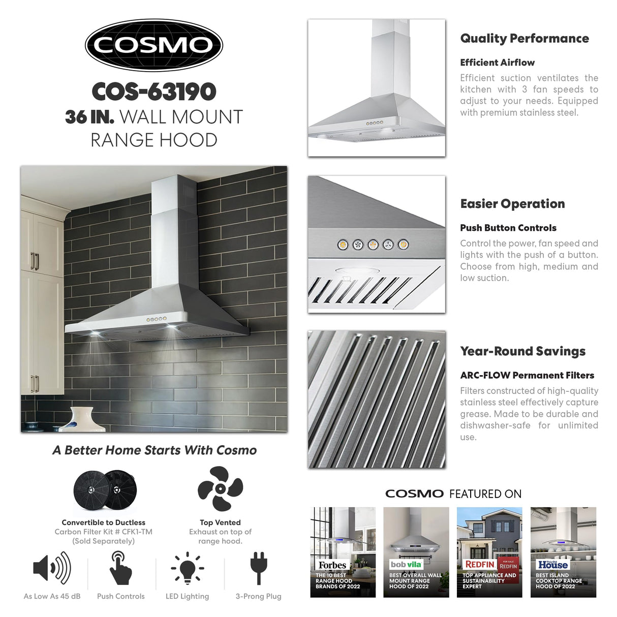 COSMO COS-63190 36 in. Vista Collection 380 CFM Ducted Wall Mount Range Hood, Button Controls, LED Lights, Stainless Steel COSMO