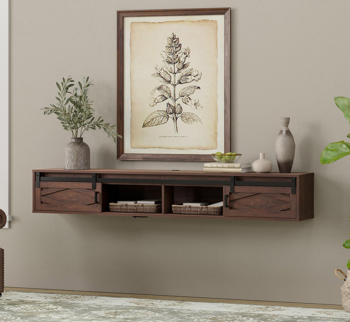 FITUEYES Floating TV Stand Shelf for TVs up to 85 Inch, Wood Floating Entertainment Center with Sliding Barn Door, Floating TV Shelf Media Console Table for Living Room, Bedroom, Rustic Brown FITUEYES