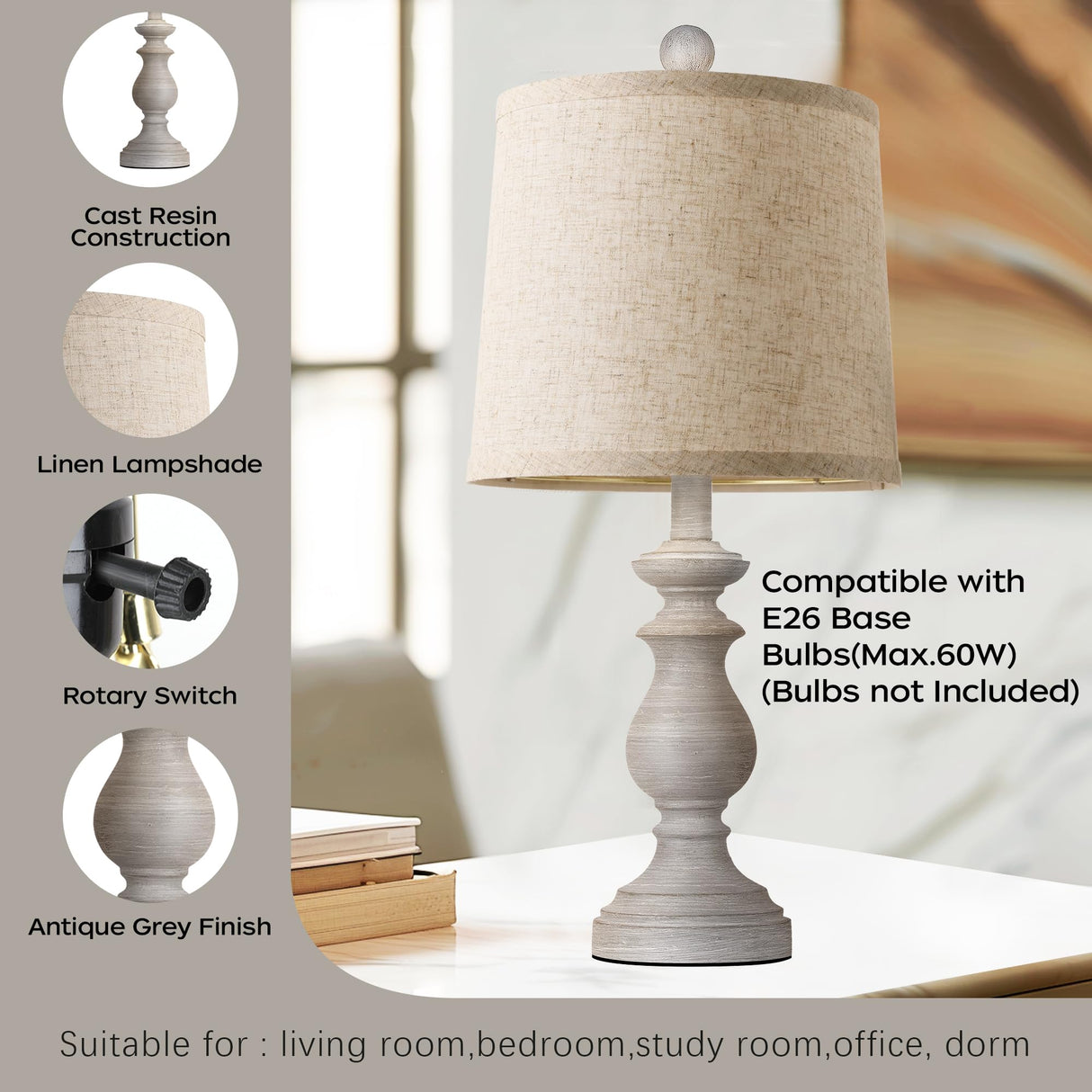 PARTPHONER Traditional Table Lamp Set of 2, Rustic Farmhouse Table Lamps for Living Room Bedroom, 22" Bedside Desk Lamps Vintage Nightstand Lamps with Linen Shades, Antique Grey PARTPHONER