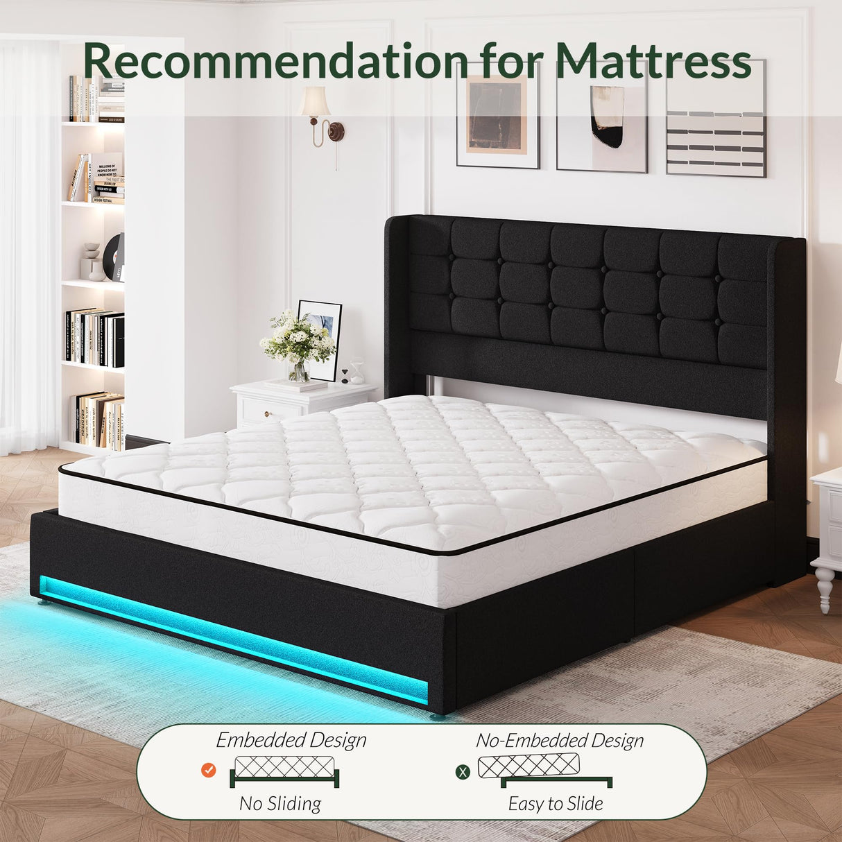 LARMACE King Size Bed Frame with Storage Drawers and Wingback Headboard Velvet Upholstered Platform Bed Frame Tufted Beds with Led Lights, Heavy Duty, No Box Spring Needed, Easy Assembly, Black LARMACE