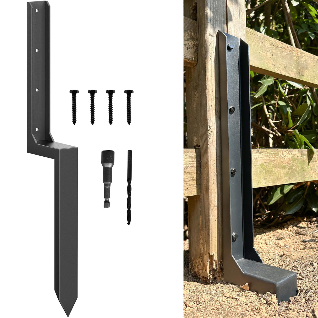 ARKSOLDIER Thickened Fence Post Repair Kit, Steel Fence Post Stakes, Anchor Ground Spike for Fix Broken 4x4/6x6 Wooden Fence Post Support (1 arksoldier