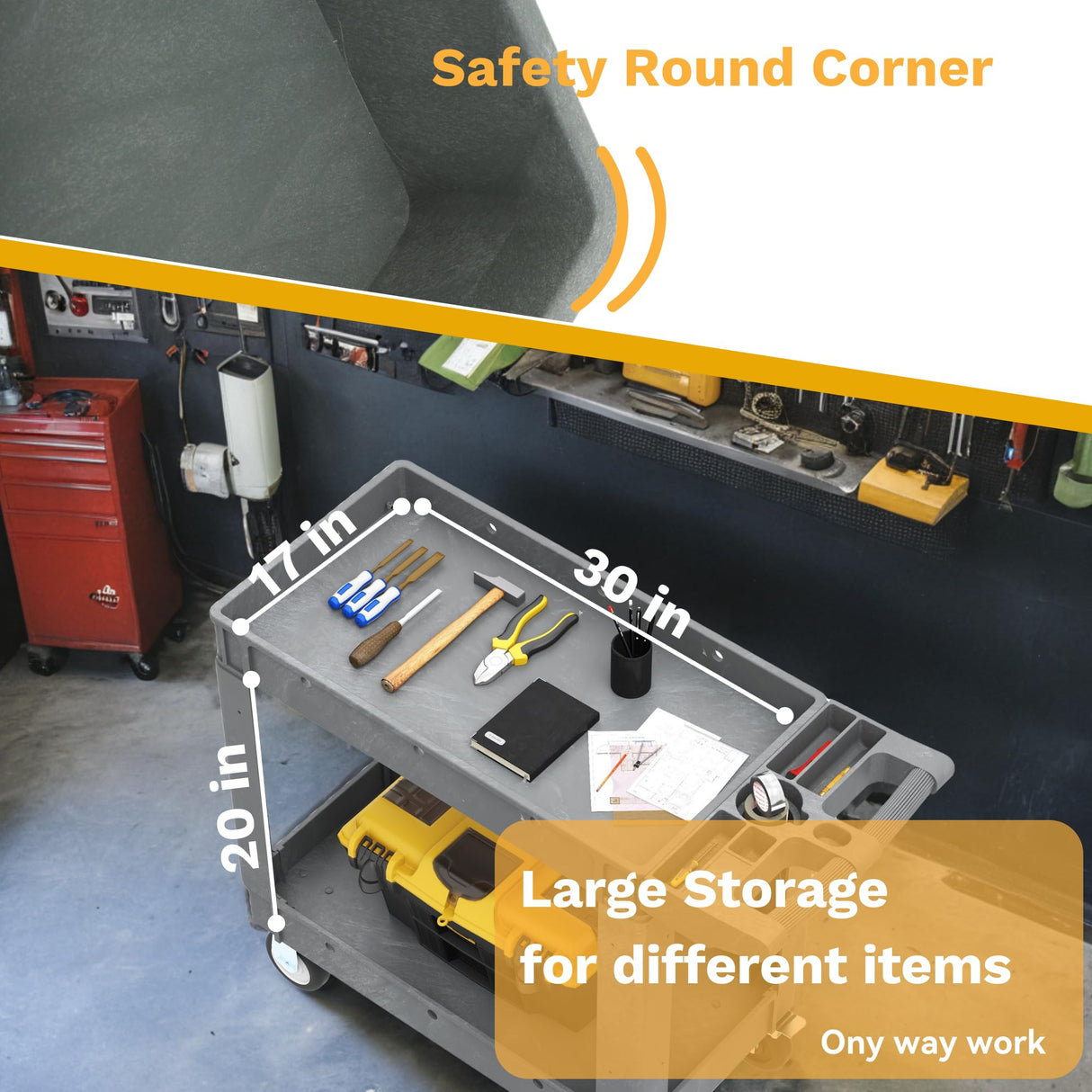 DWVO Utility Service Cart on Wheels, 550 lbs Capacity, 40 x 17 Inch Rolling Work Carts with Wheels, 2 Shelf Heavy Duty Plastic Cart Suitable for Warehouse, Garage, School & Office, Cleaning, Gray DWVO