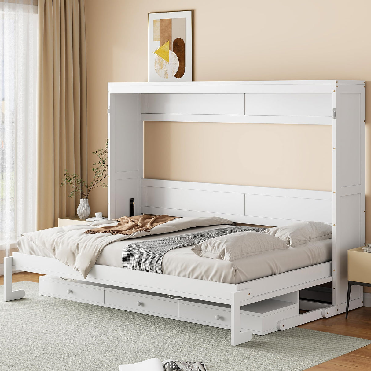 Merax Wall Murphy Bed with Storage, Foldable Cabinet Bed with Vanity Desk, Center Mirror & 2 Side Drawers, Queen Size, White Merax