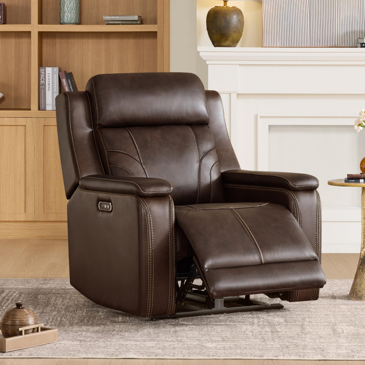 Watson & Whitely Genuine Leather Electric Recliner Chairs for Adults, Lay Flat Recliner with Power Headrest & Chargers for Living Room, Dark Brown Watson & Whitely