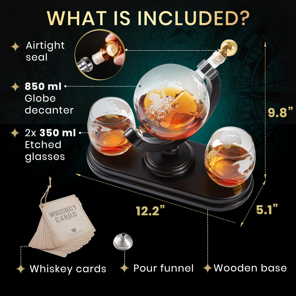 Globe Whiskey Decanter Gift Set by Royal Reserve | Etched World Map Globe Decanter 29 oz 850 ml with Glasses for Bourbon, Liquor – Whiskey Gifts for Men Dad Boyfriend Husband Royal Reserve