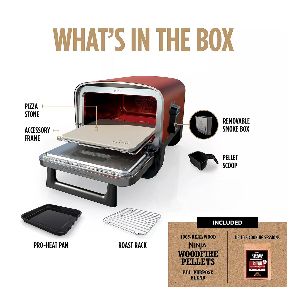 Ninja Woodfire Outdoor Pizza Oven, 8-in-1 Portable Electric Roaster Oven, Heats up to 700°F, 5 Artisan Pizza Settings, Integrated BBQ Smoker Box, Includes Flavored Wood Pellets, Red (Renewed) Ninja