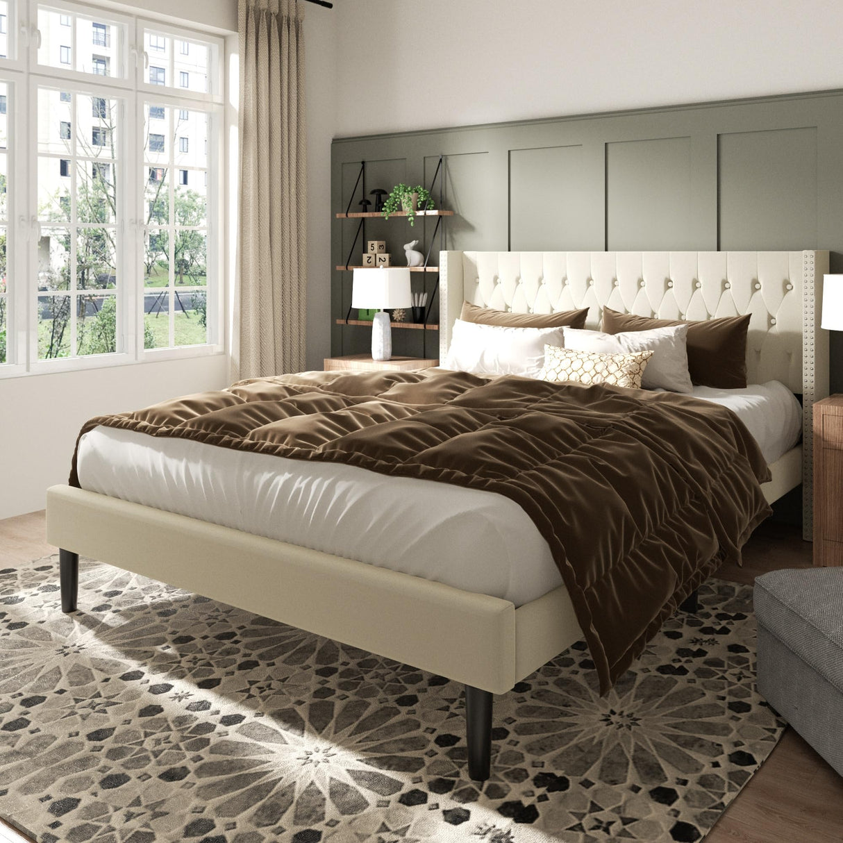 King Size Bed Frame, Upholstered Platform Bed with Wingback Headboard, Velvet Button Tufted, Easy Assembly, No Box Spring Needed, Beige HAOARA