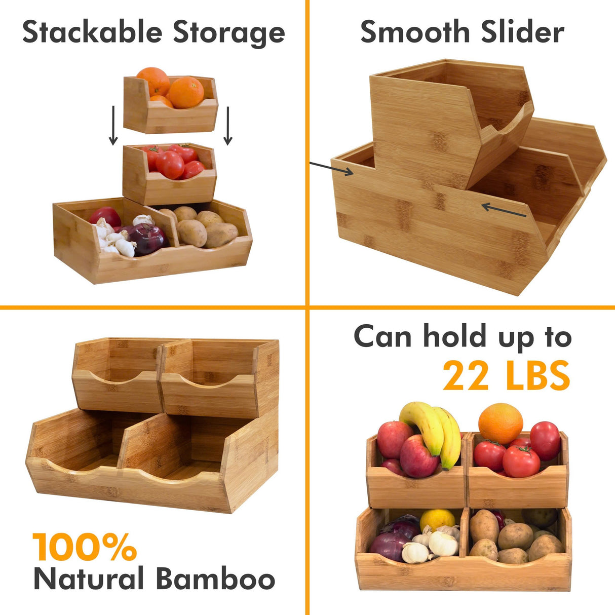 HOMESTEAD Bamboo Pantry Storage Bins - Stackable Baskets, Potato and Onion Storage for Pantry Organization, Set 3 Pieces HOMESTEAD