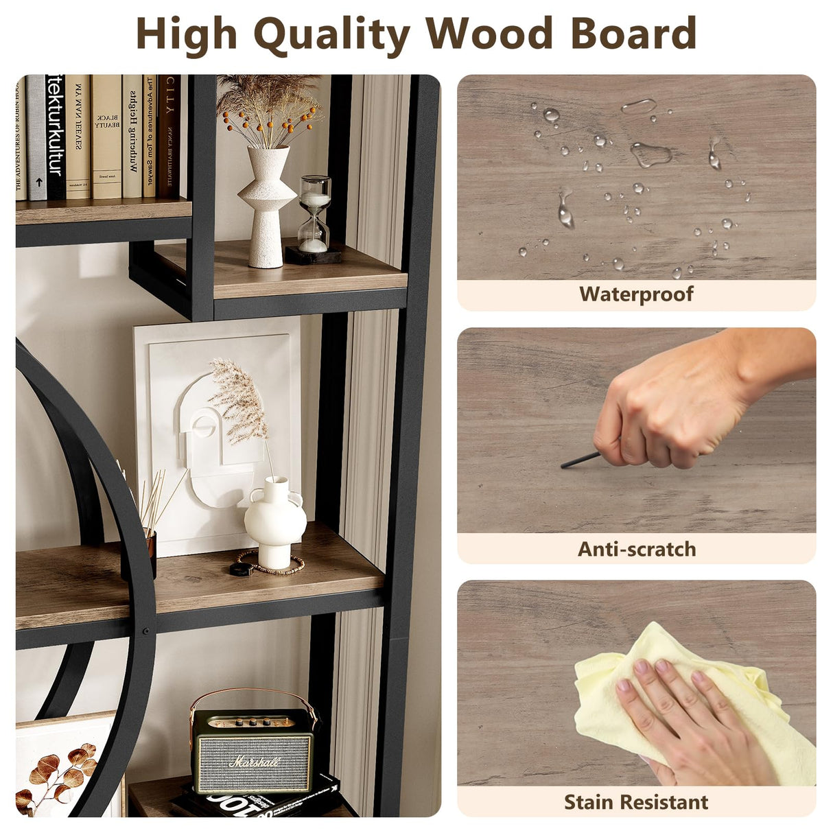 LGHM Industrial 5-Tier Bookshelf with Storage, 70.9 Inch Tall Large Display Bookcase - Modern Metal Standing Shelves for Living Room, Office and Bedroom, Set of 2, Greige LGHM