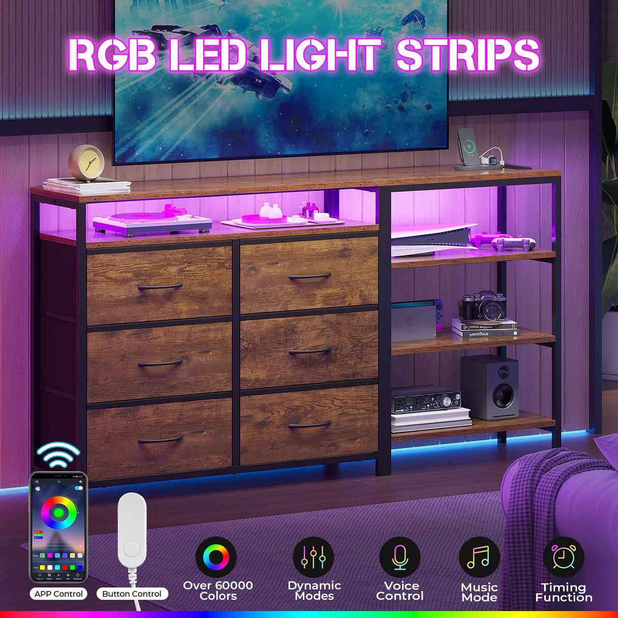 HAUOMS TV Stand for 60 Inches TV,TV Stand with Charging Station & LED Lights, 6 Fabric Drawers,Entertainment Center and Industrial TV Console Table with Shelves for Living Room, Bedroom,Rustic Brown HAUOMS