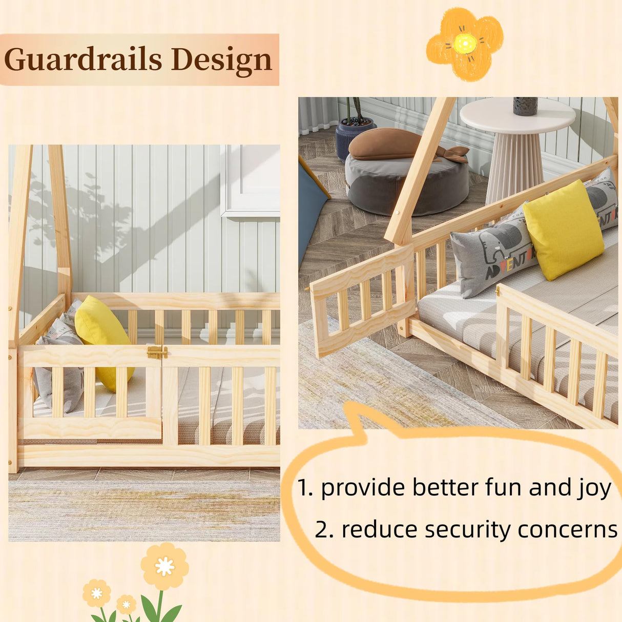 Mirightone Full Size Montessori Tent Floor Bed with Slats and Guardrails in Natural Wood Mirightone