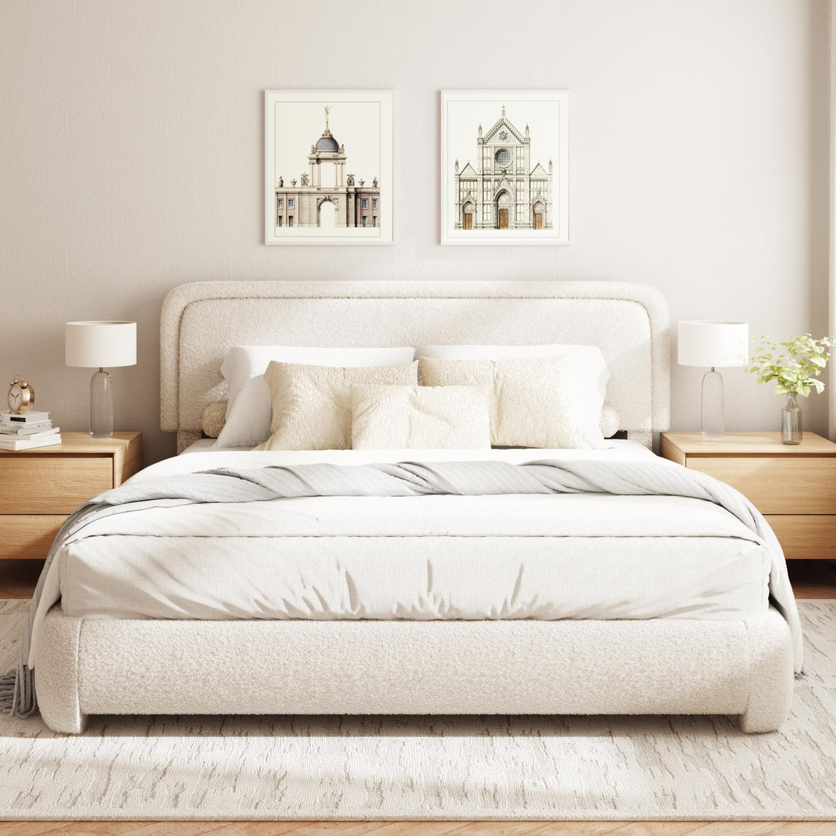 GLOLLOSPARK King Size Boucle Bed Frame, Cloud Upholstered Platform Bed with Height Adjustable Headboard & Soft Rounded Corners, No Box Spring Needed, Noise Free, Easy Assembly, Beige GLOLLOSPARK