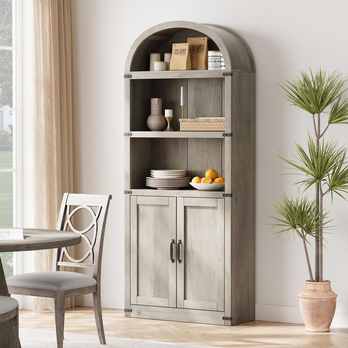 Garveehome Bookcase with Doors Arched Bookshelf 71.65in Tall Bookcase Farmhouse Cabinet with Shelves Wooden Bookshelves for Home Office, Living Room Garveehome
