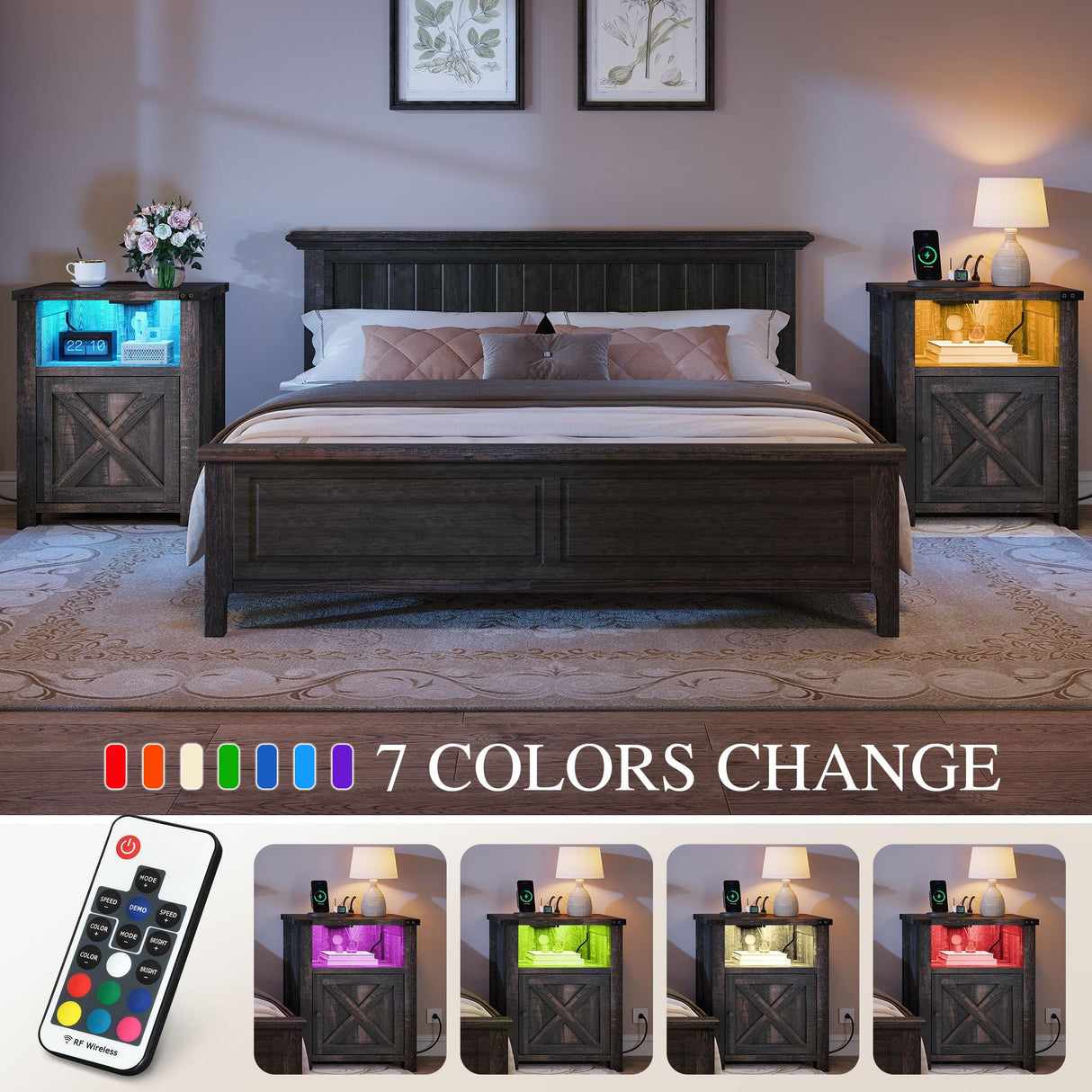 YITAHOME Farmhouse Nightstand with Charging Station & LED Lights, Living Room End Table, Small Bedside Tables Side Tables Bedroom, Rustic Wood Night Stand, Brown Oak YITAHOME