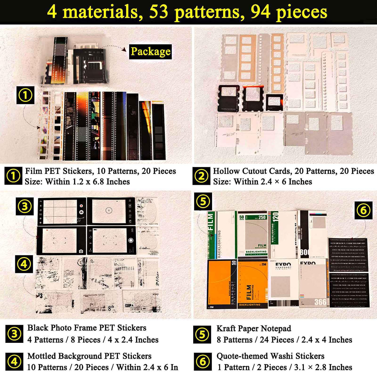 CraftBloom 94PCS Movie Film Scrapbook Paper for Journaling Supplies, Strip Photo Frame for Scrapbooking Kit, Waterproof PET Washi Quote Stickers for Bullet Junk Journal Collage Planner DIY Craft CraftBloom